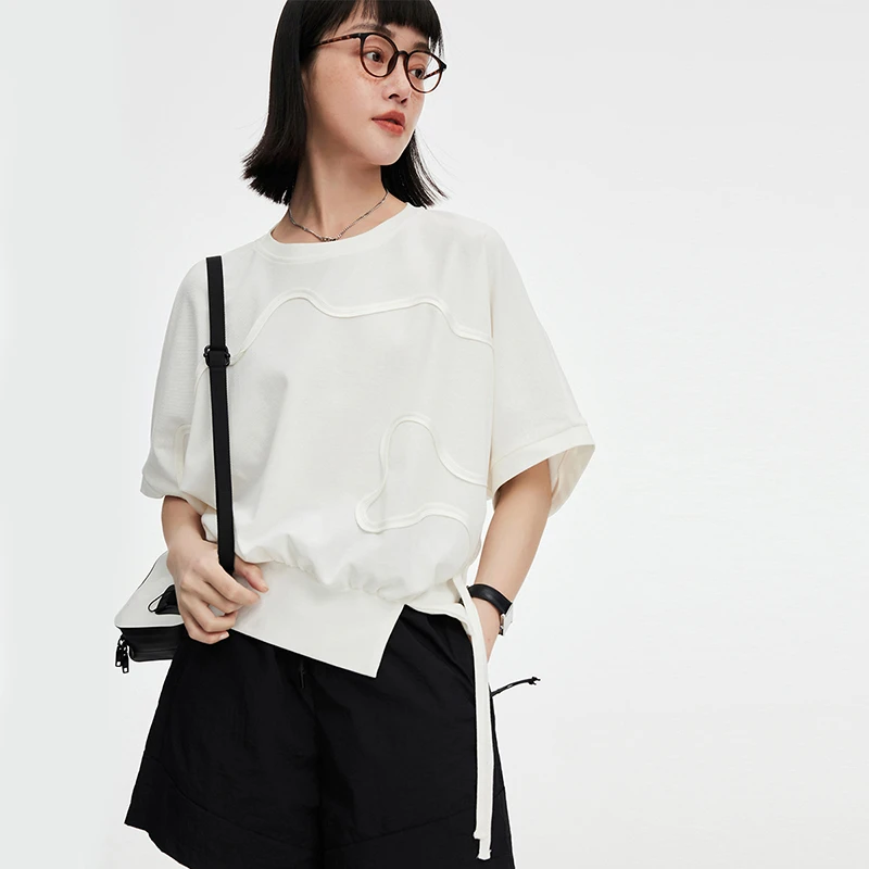 CLOUDSPACE/云上生活【白浪T恤】波浪线条飘带开叉设计感T恤夏季白t