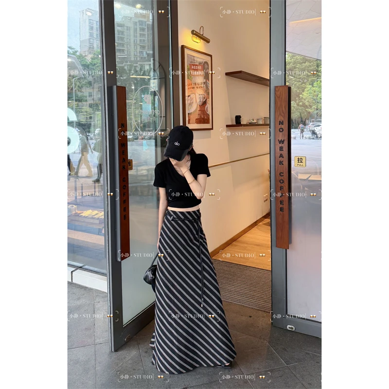 【小静精选】夏季百搭时尚高腰斜条纹半身裙A字