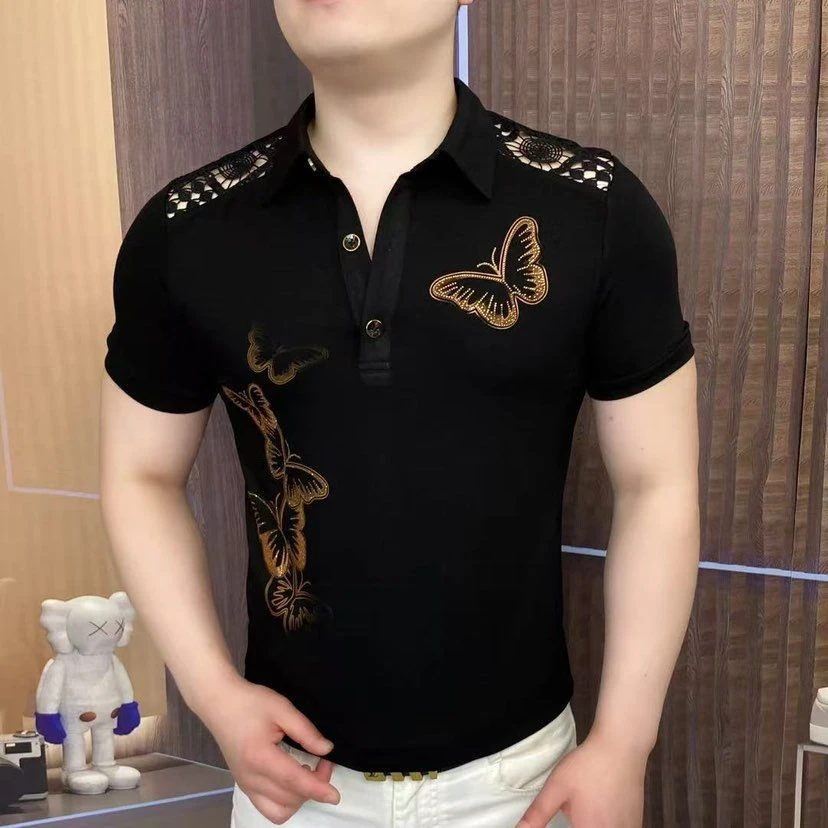 夏季蝴蝶男士POLO翻领轻奢时尚潮流休闲修身提花短袖F61