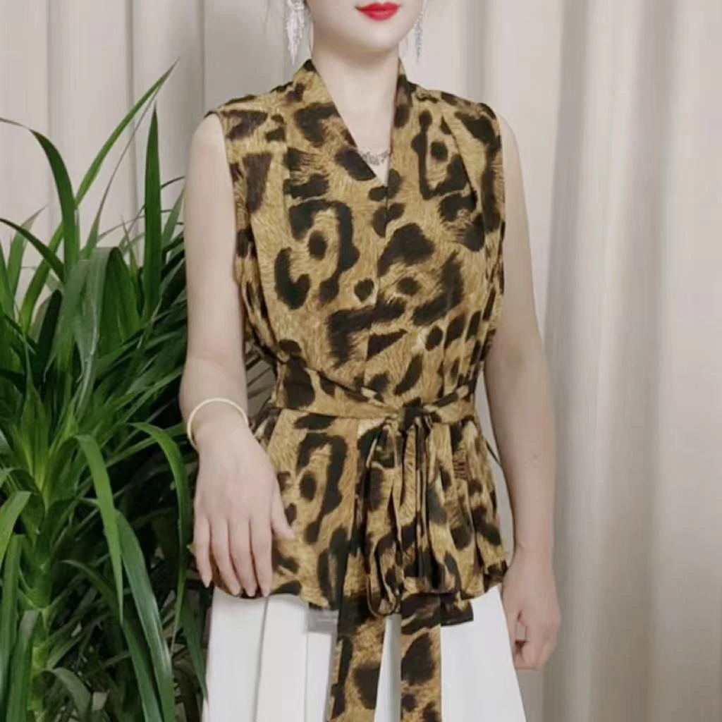 法式V领交叉复古印花无袖衬衫女夏上衣不规则设计感收腰绑带背心