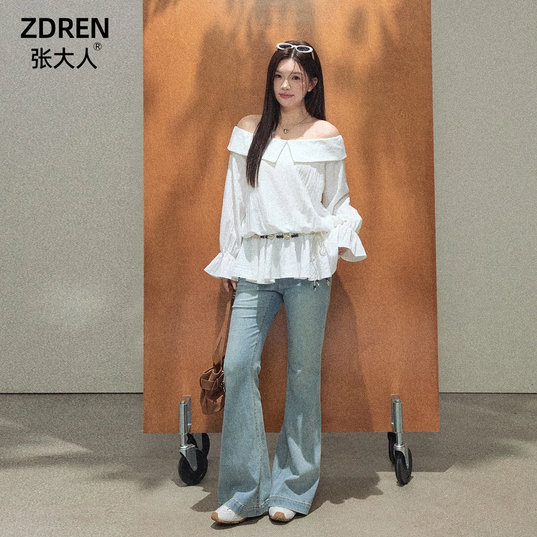 张大人【暮云星间】大码女装微胖妹妹甜美荷叶边露肩上衣微喇牛仔裤