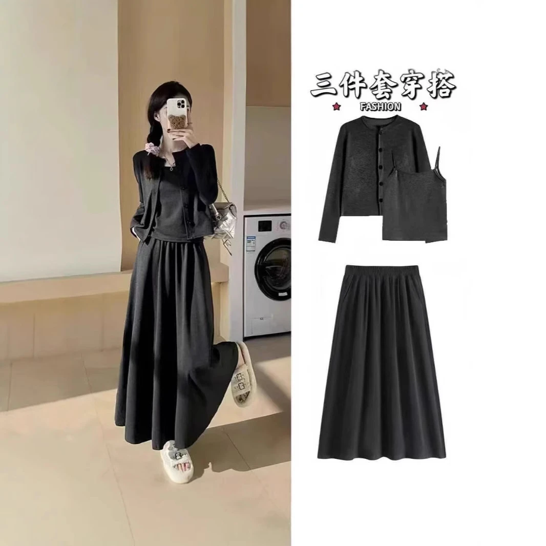 裙子款糯米三件套2025早春韩系气质开衫吊带高腰长裙大码显瘦套装