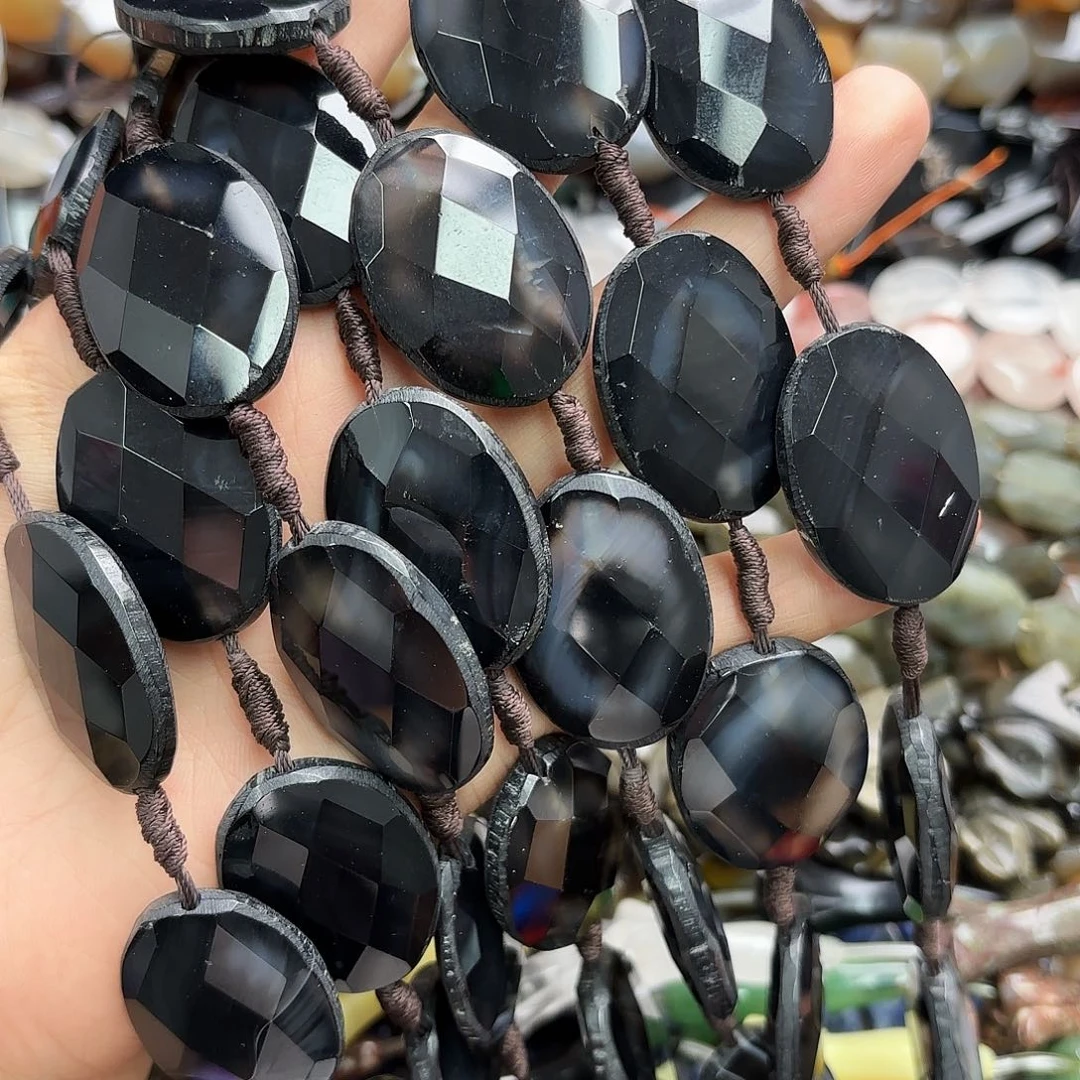 玛瑙/玉髓未镶嵌珠宝半成品25×35黑玛原石蛋型切一条69