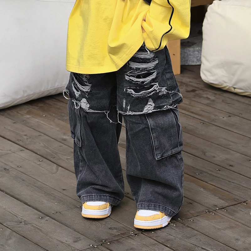 【现货】Jimmy妈童品 潮酷男孩春季新款儿童双层破洞工装水洗牛仔裤