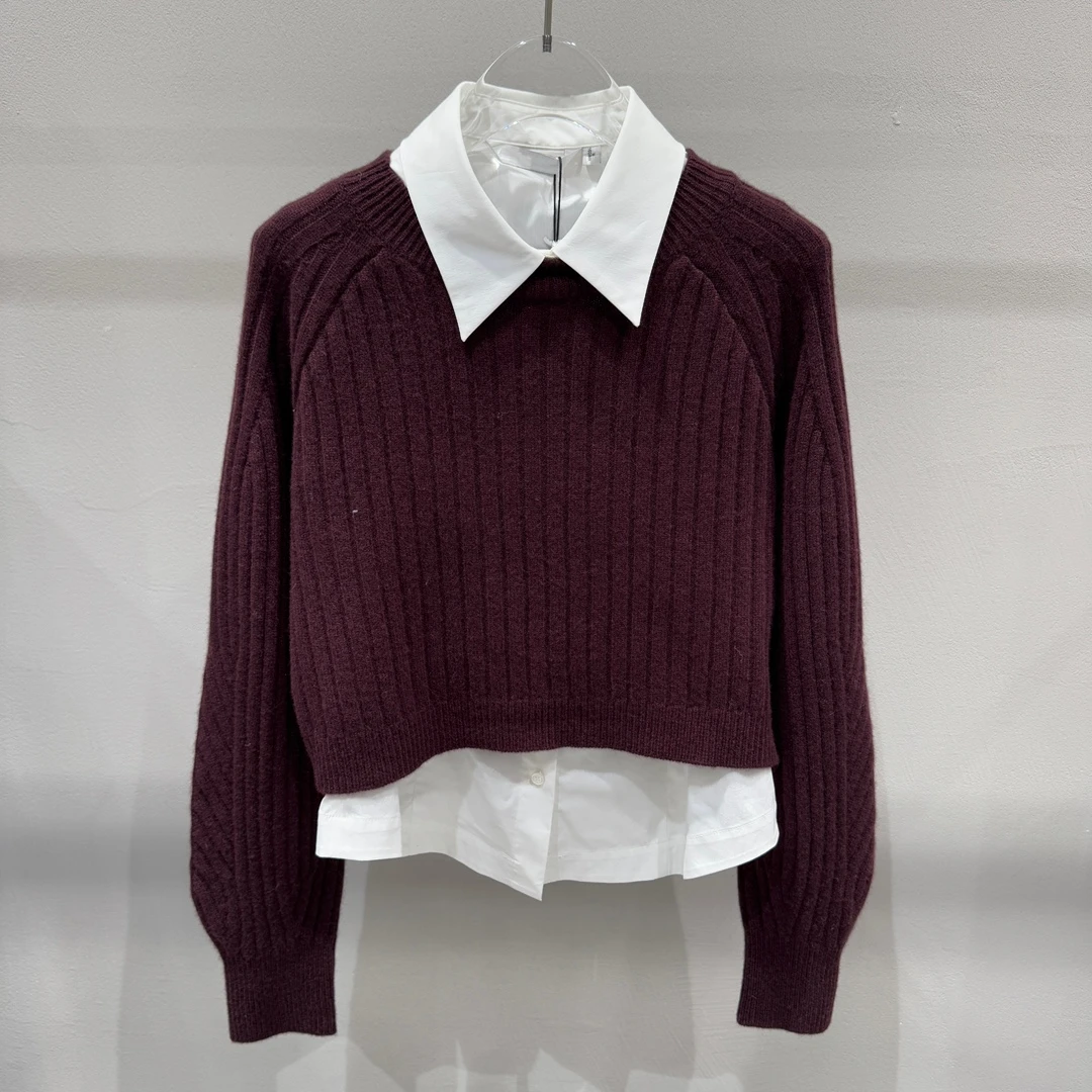 2025春季新款时尚针织衬衫两件套气质毛衣套装女安克拉红470132