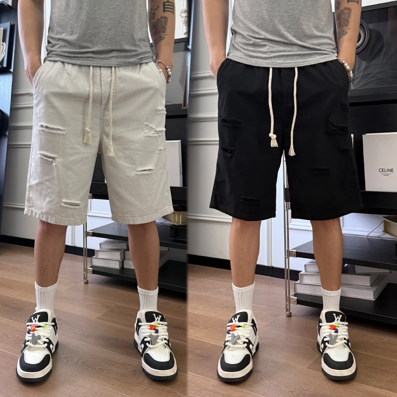 2025夏季新款破洞设计休闲短裤男士薄款直筒裤户外痞帅宽松五分裤