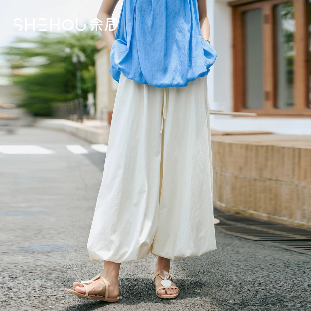 佘后白色花苞阔腿裤2025夏季新款小个子显瘦高腰百搭气质松弛感裤