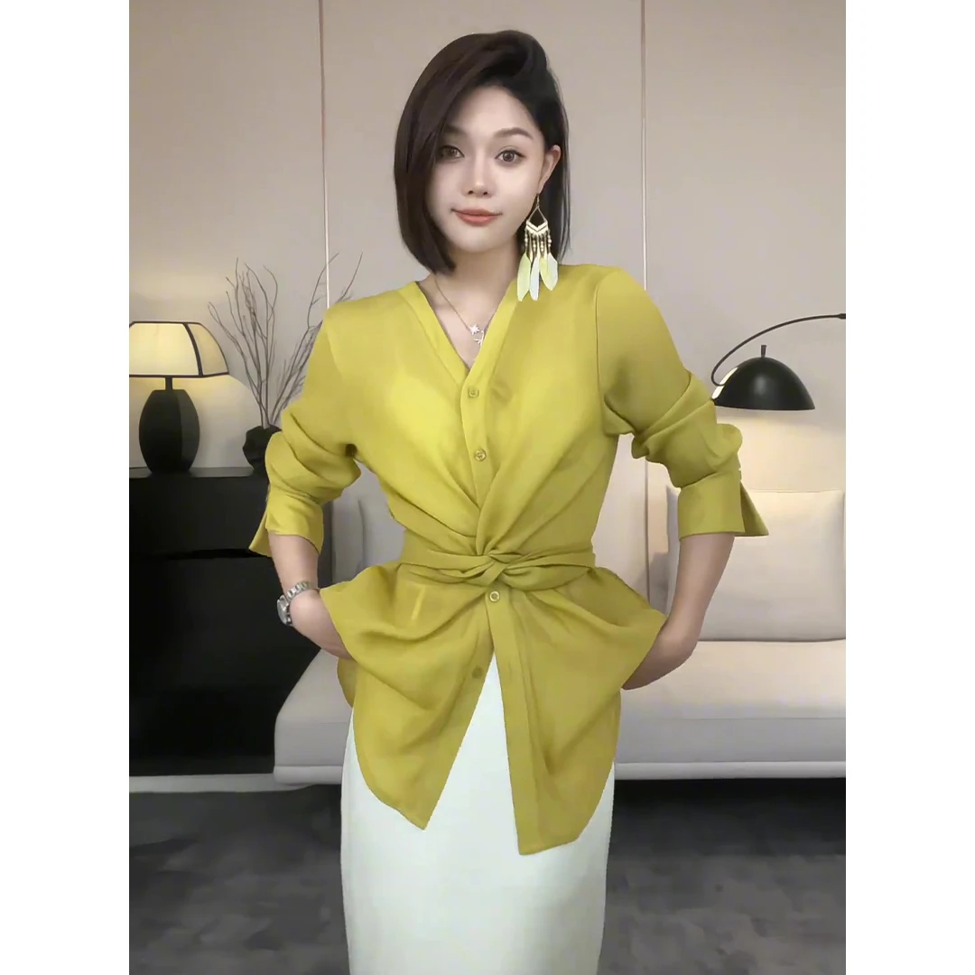 设计感收腰V领薄款长袖衬衫女2025夏季新款修身显瘦气质防晒上衣