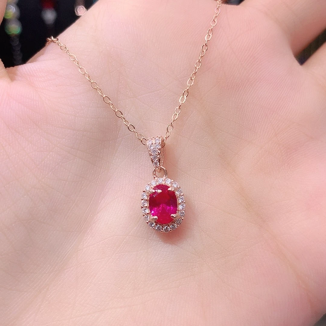 银S925镶嵌颈饰红宝石玫瑰金57