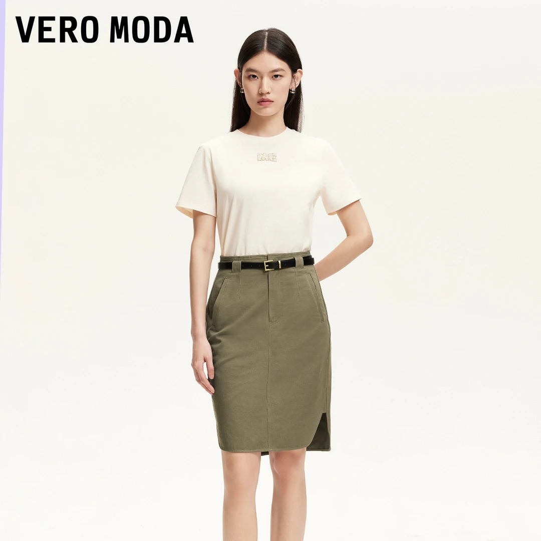 Vero Moda半身裙2025纯棉侧面开叉高腰洋气A字裙小众百搭知性风女