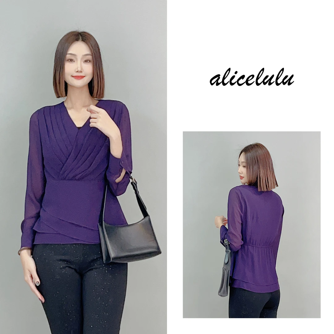 1 ALICE 暗夜紫衬衫 优雅捏褶 轻盈透气 S2141068E