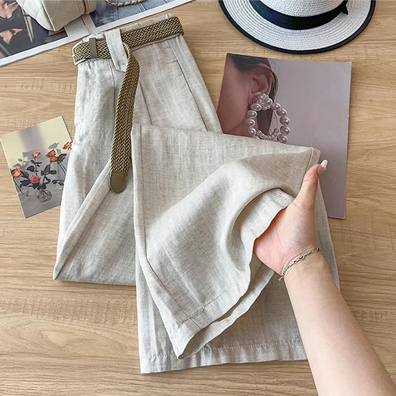 拉夏贝尔时尚百搭亚麻色阔腿裤夏季2025新款垂感休闲直筒裤防晒潮
