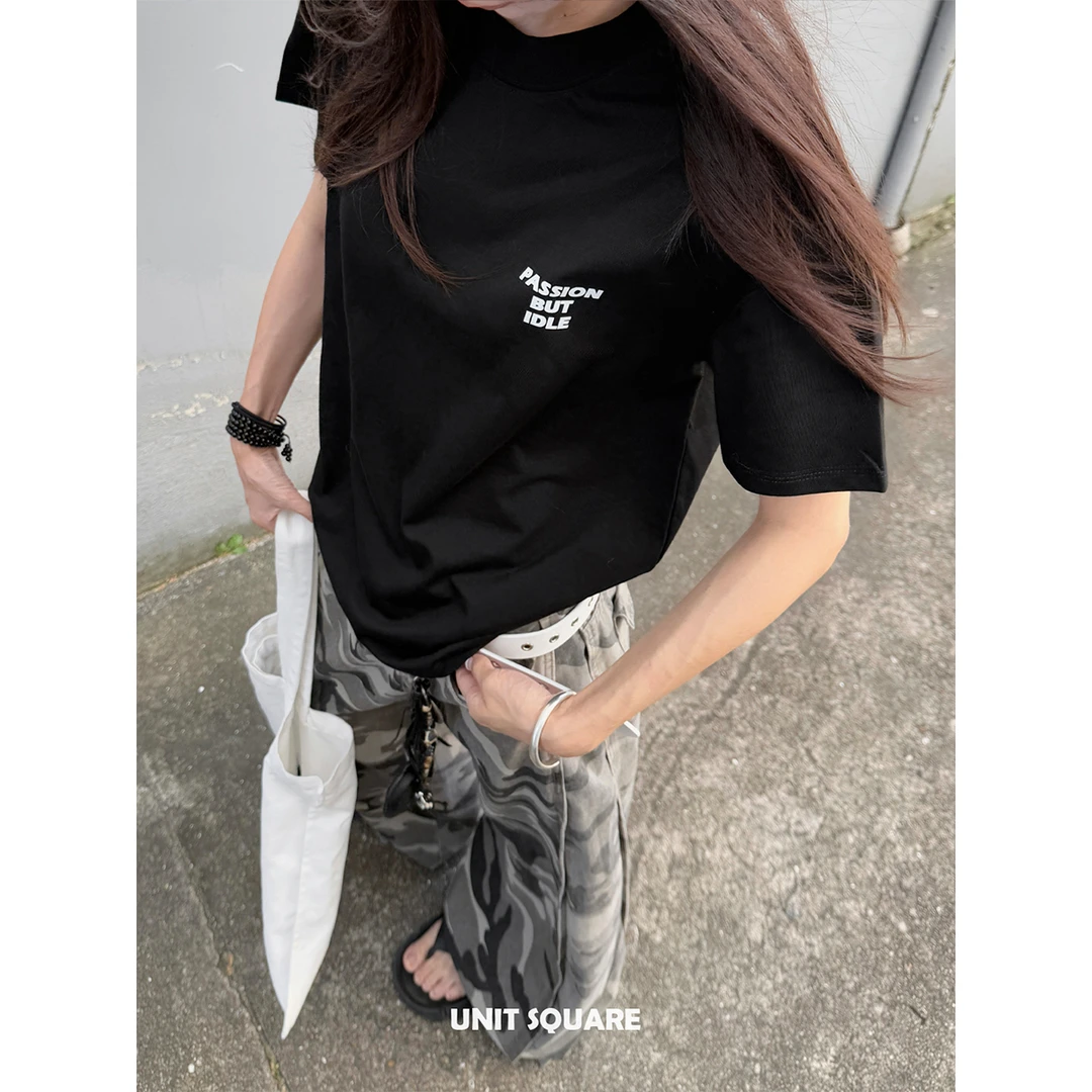 Unit Square 索罗娜 凉感小领口原创字母印花简约正肩合身短袖T恤