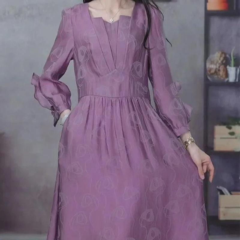 B866时尚长袖连衣裙女2025早春新款洋气法式收腰显瘦中长款裙子潮