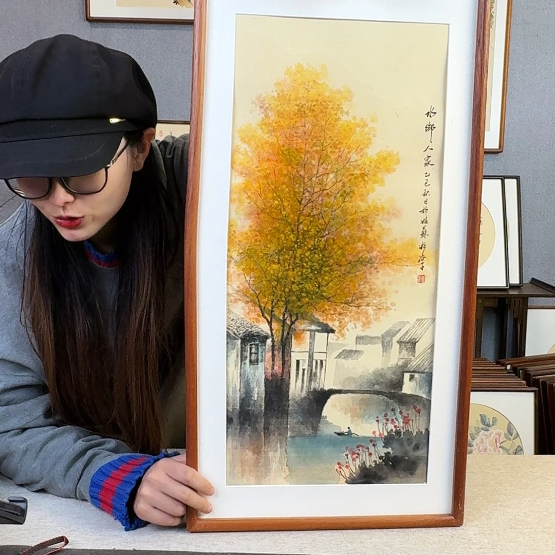 国画纯手绘，纯手写带框尺寸：36×69厘米