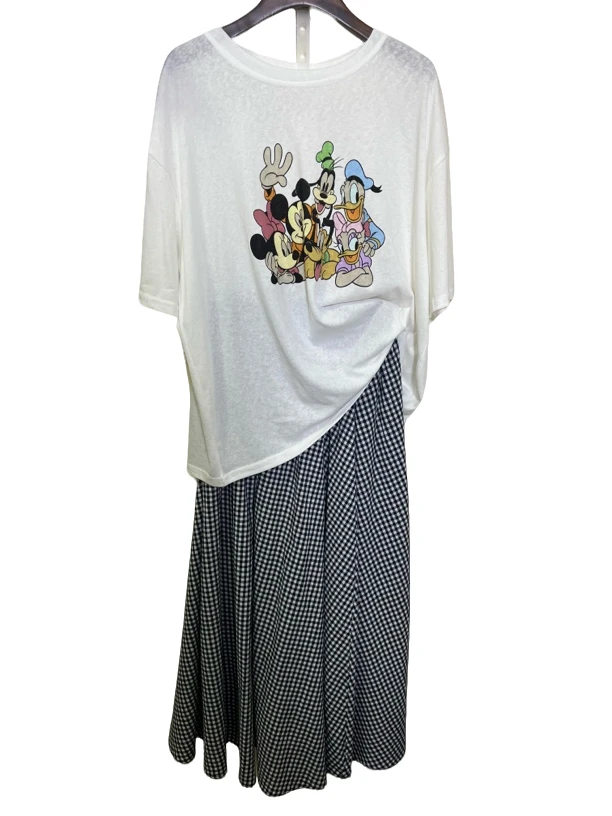 韩系卡通印花宽松休闲减龄T恤+宽松格子裙马夹女款爆款2025新款