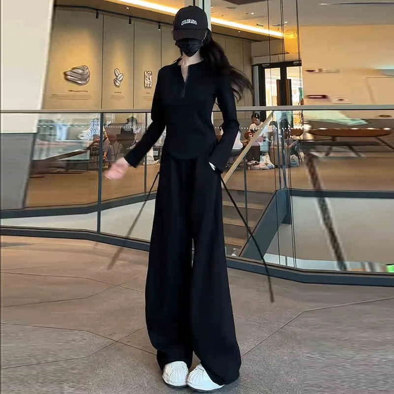 春秋穿搭一整套时尚洋气休闲套装女修身长袖T恤上衣阔腿裤两件套