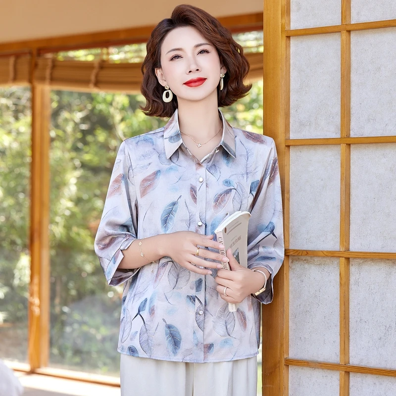 夏季新款七分袖印花妈妈装小衫上衣中年妈妈女装衬衫翻领开衫薄