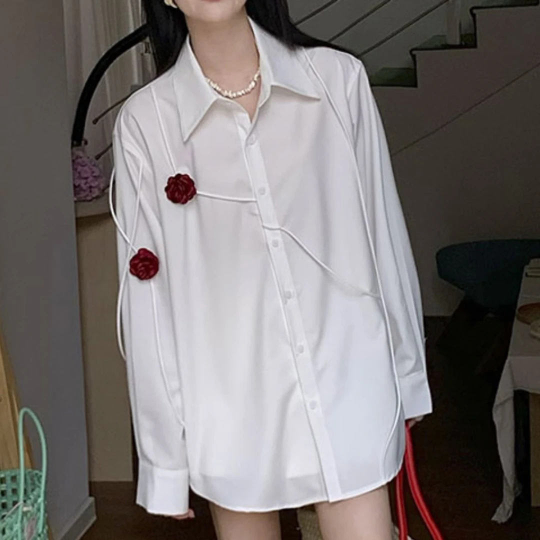 2025春季新款流行复古港味玫瑰花拼接宽松衬衫女士宽松中长款衬衣