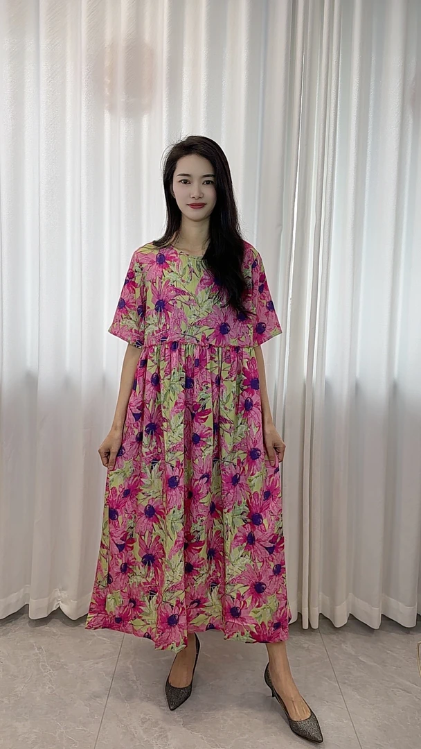 【粉红女郎】2025夏季新款丝麻数码印花大码高腰宽松圆领长款连衣裙