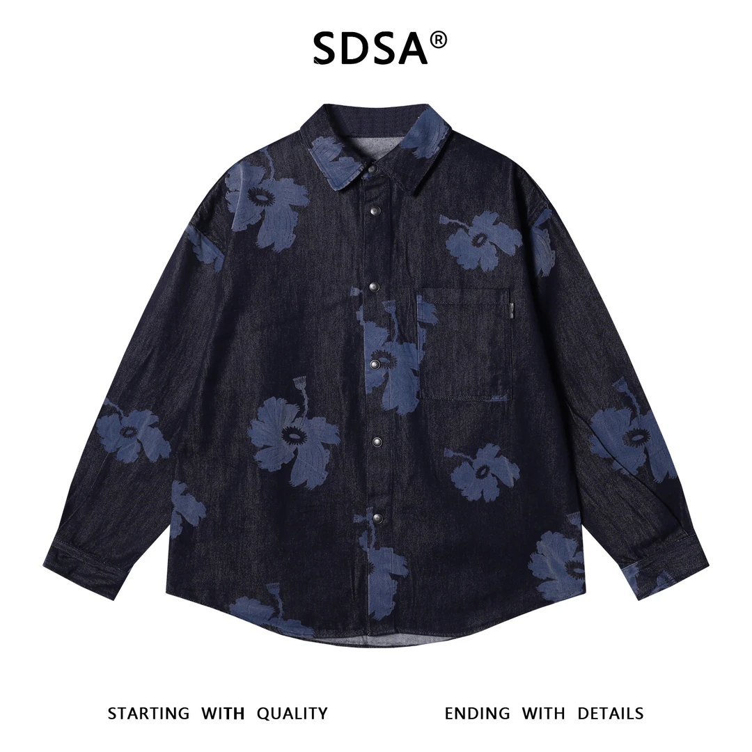 SDSA秋冬新款痞帅男装潮牌撞色花朵印花纽扣翻领长袖衬衫时尚衬衣