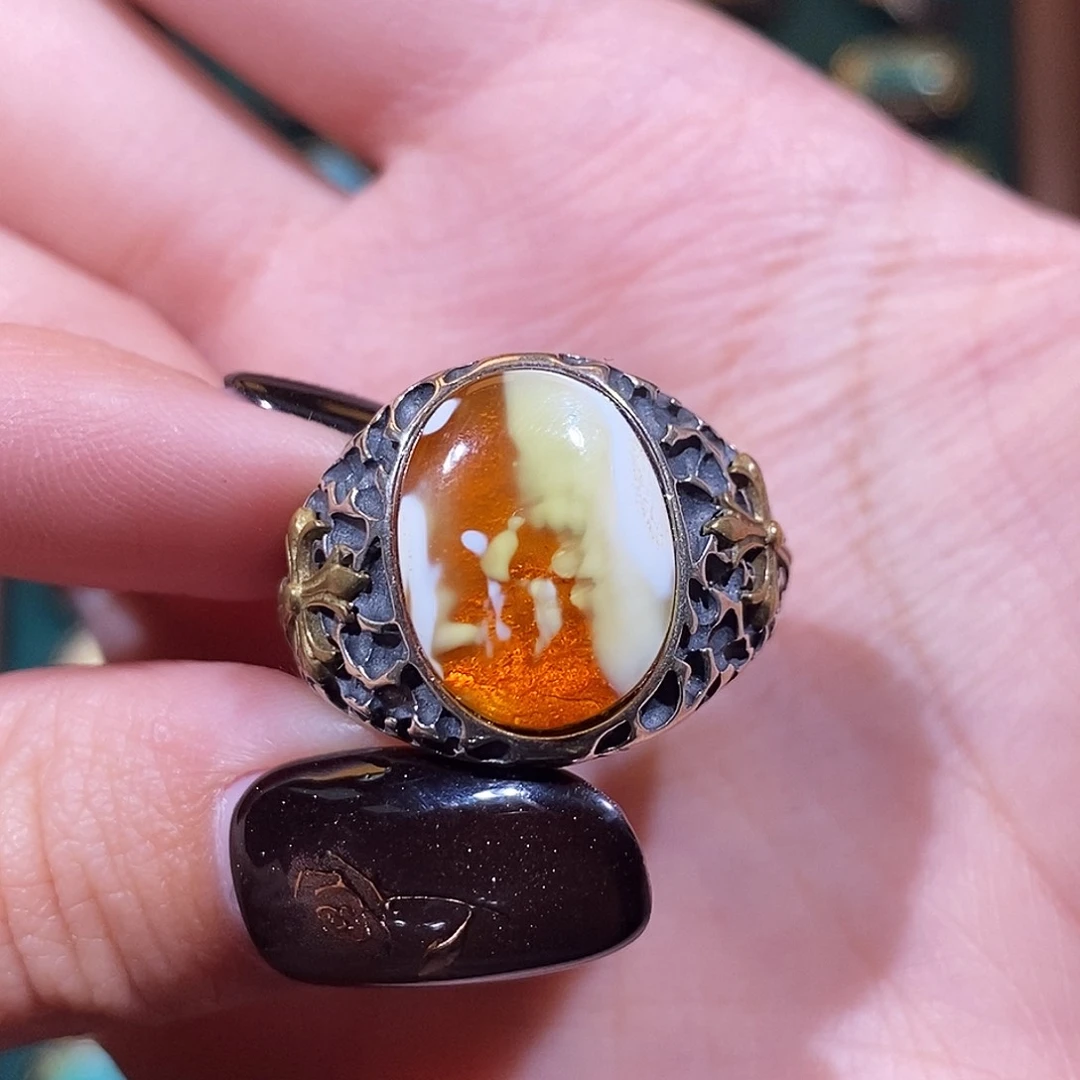 琥珀戒指银S925镶嵌爱****猫戒指