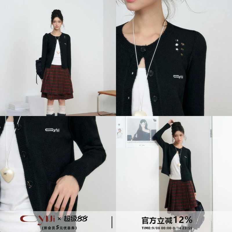 CyNi 设计感基础百搭黑色圆领长袖短款上衣羊毛破洞针织开衫外套