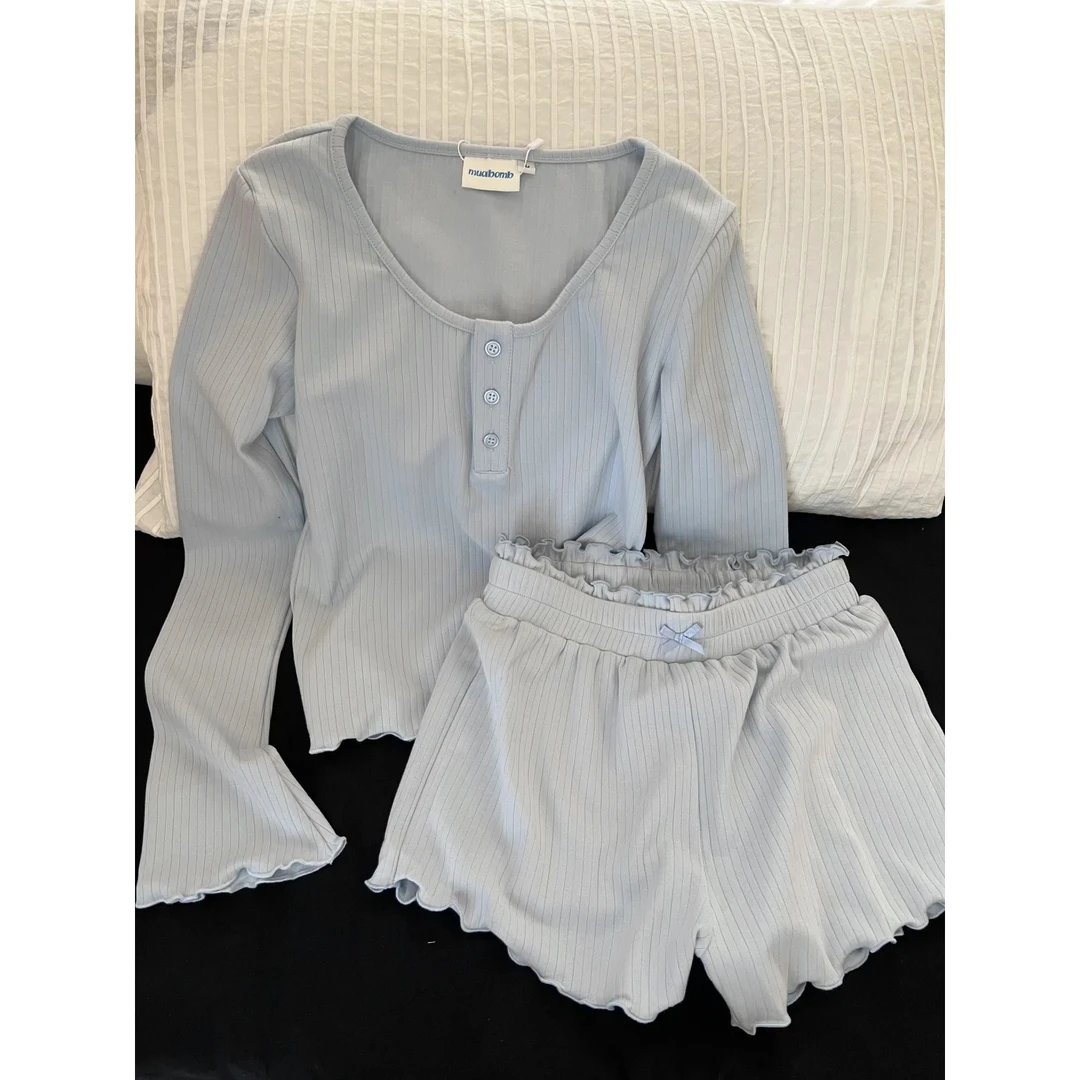 纯欲风纯色baby蓝显瘦长袖睡衣女夏季新女款短裤套装可外穿家居服