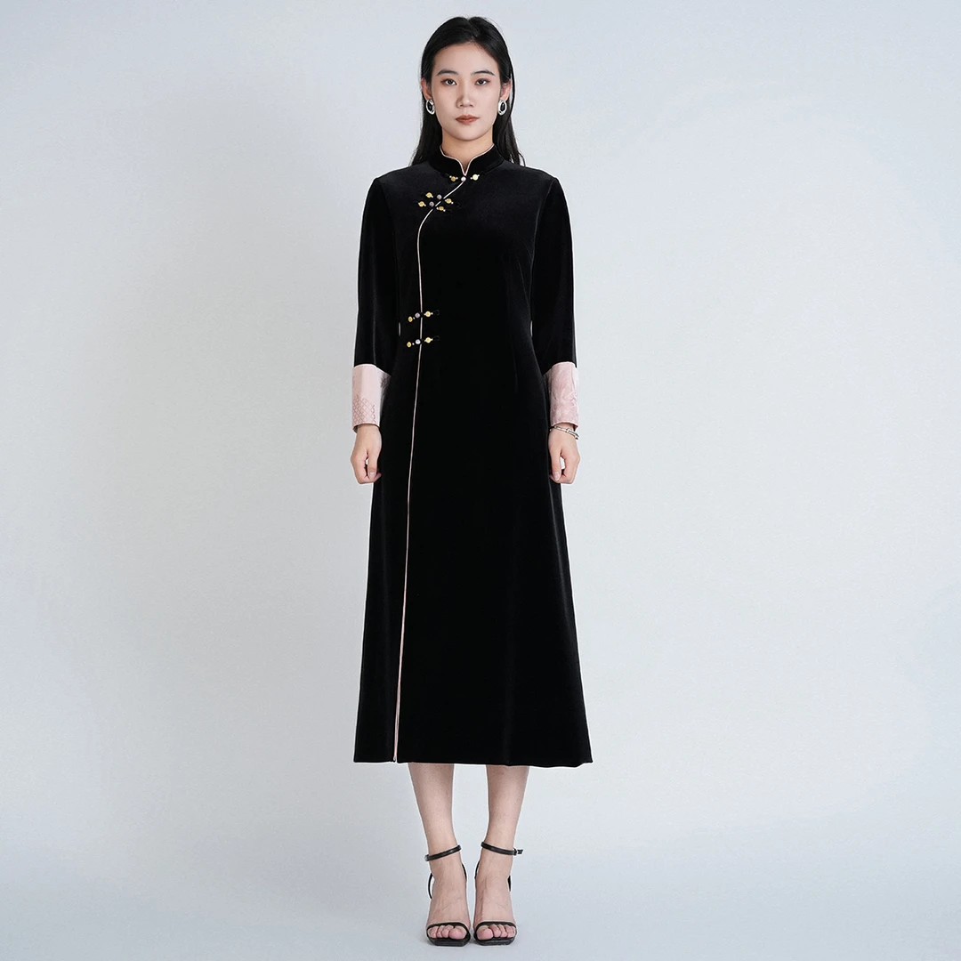 中式气质长袖中长款修身显瘦黑色复古瑾思丝绒旗袍连衣裙CCL17989