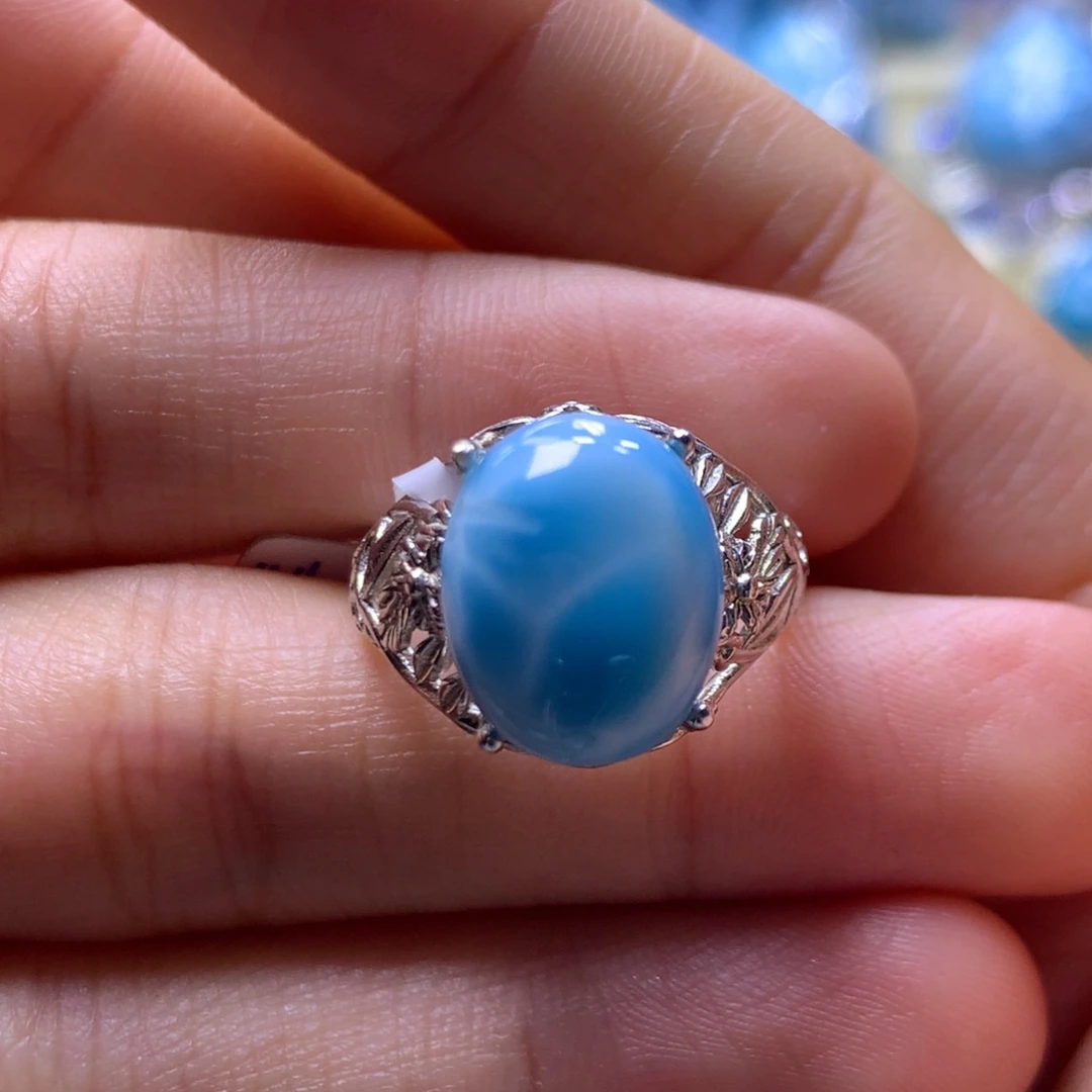 针钠钙石（海纹石）银S925镶嵌戒指蛋面戒指色差略异