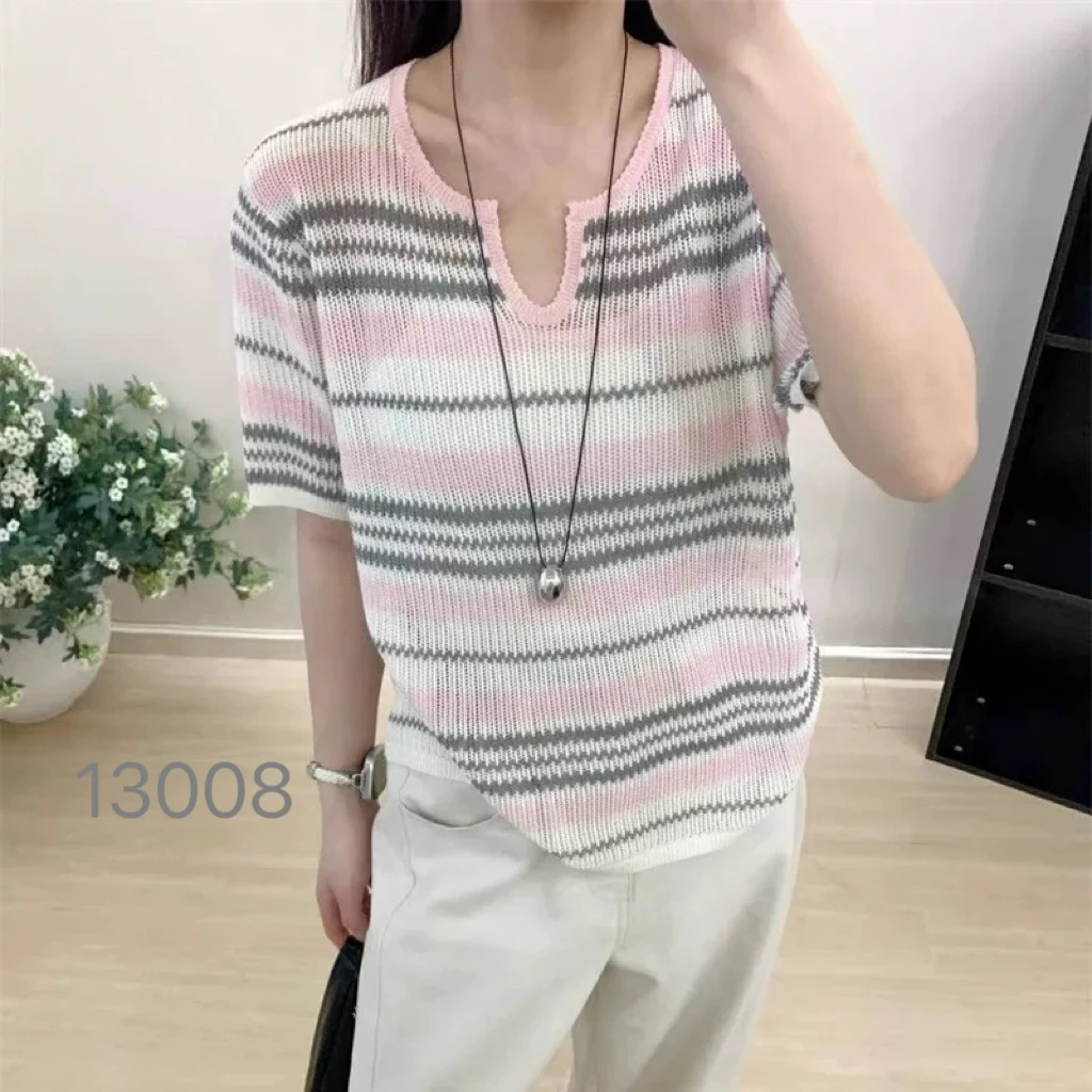 13008（部分无水洗唛，介意慎拍）WANGDAN新款剪刀领条纹短袖