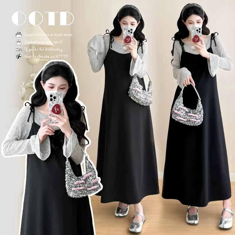 时髦孕妇装新款2025秋冬蕾丝显瘦时尚收腰网红款洋气连衣裙两件套