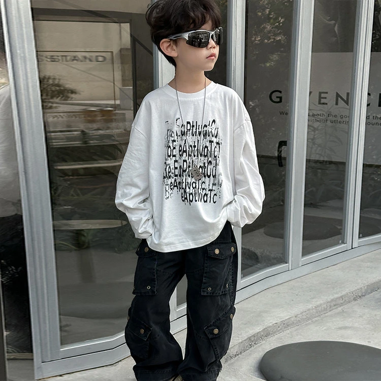 HY2550儿童满印字母T恤2025春季新款男童韩版圆领帅气长袖中小童