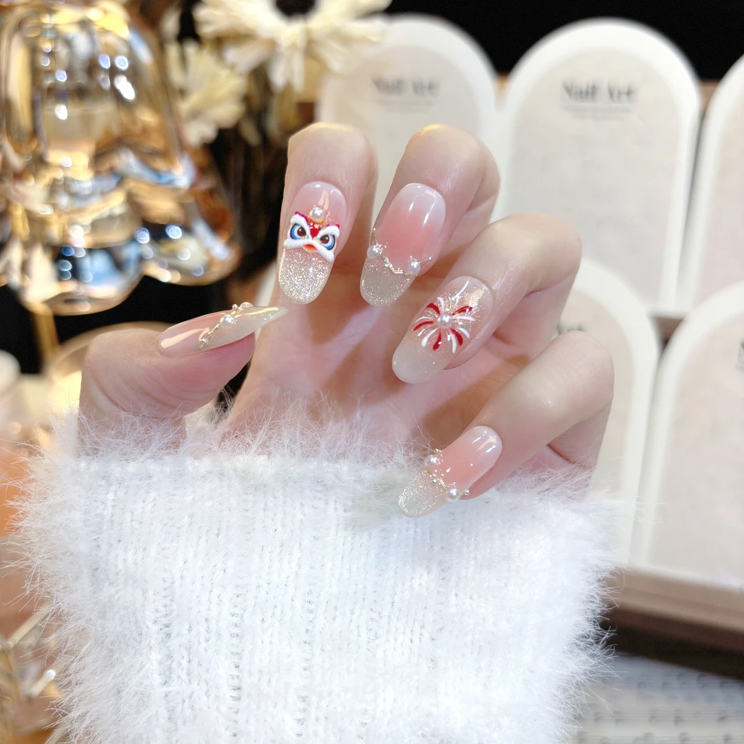 醒狮  手绘烟花金色猫眼款手工穿戴甲