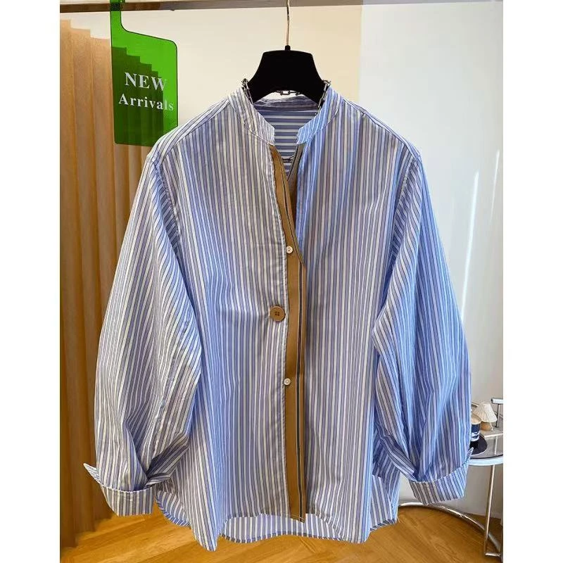 欧货蓝色条纹衬衫女2025秋季新款宽松百搭时髦设计感长袖气质上衣
