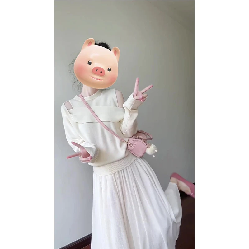 设计感不规则镂空针织衫女春秋新款小众露肩内搭毛衣半身裙套装