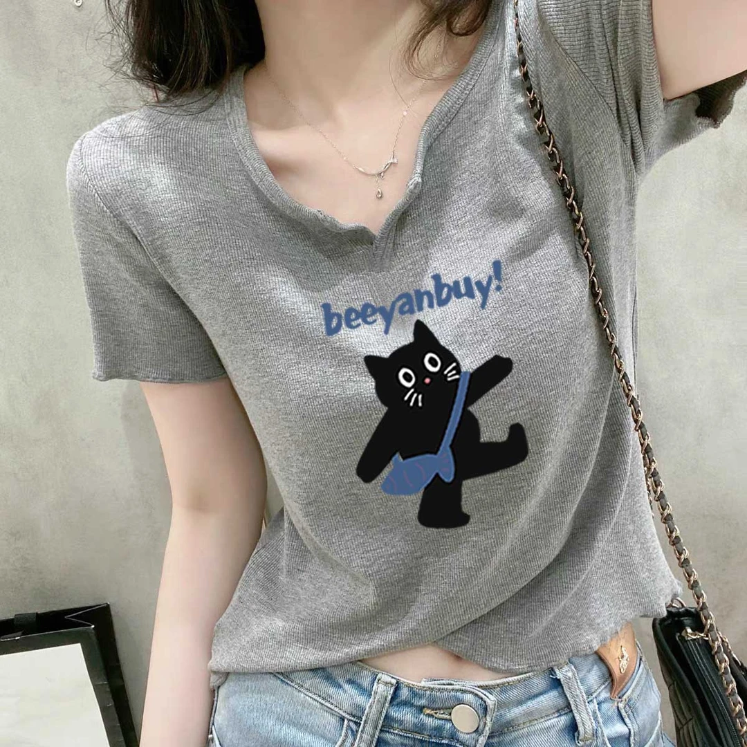 正肩小V领螺纹短袖t恤女上衣时尚百搭洋气灰色体恤2025夏季新款潮