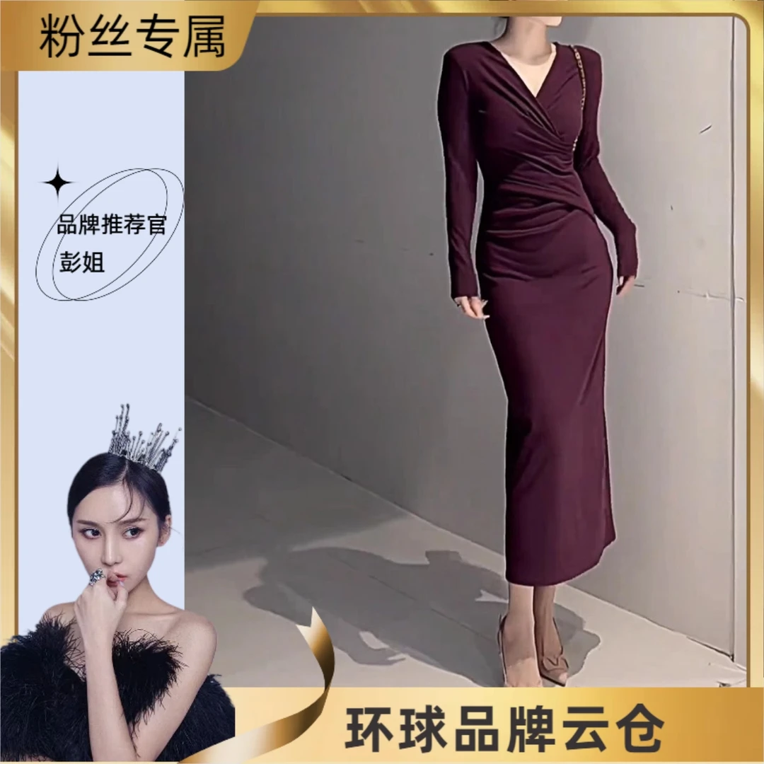D202新款长袖德绒压褶气质连衣裙秋冬纯色舒适保暖长裙百搭直筒裙