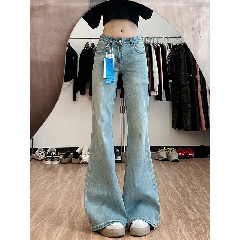 浅蓝色低腰微喇叭牛仔裤女2025年春夏季新款弹力加长版拖地裤子