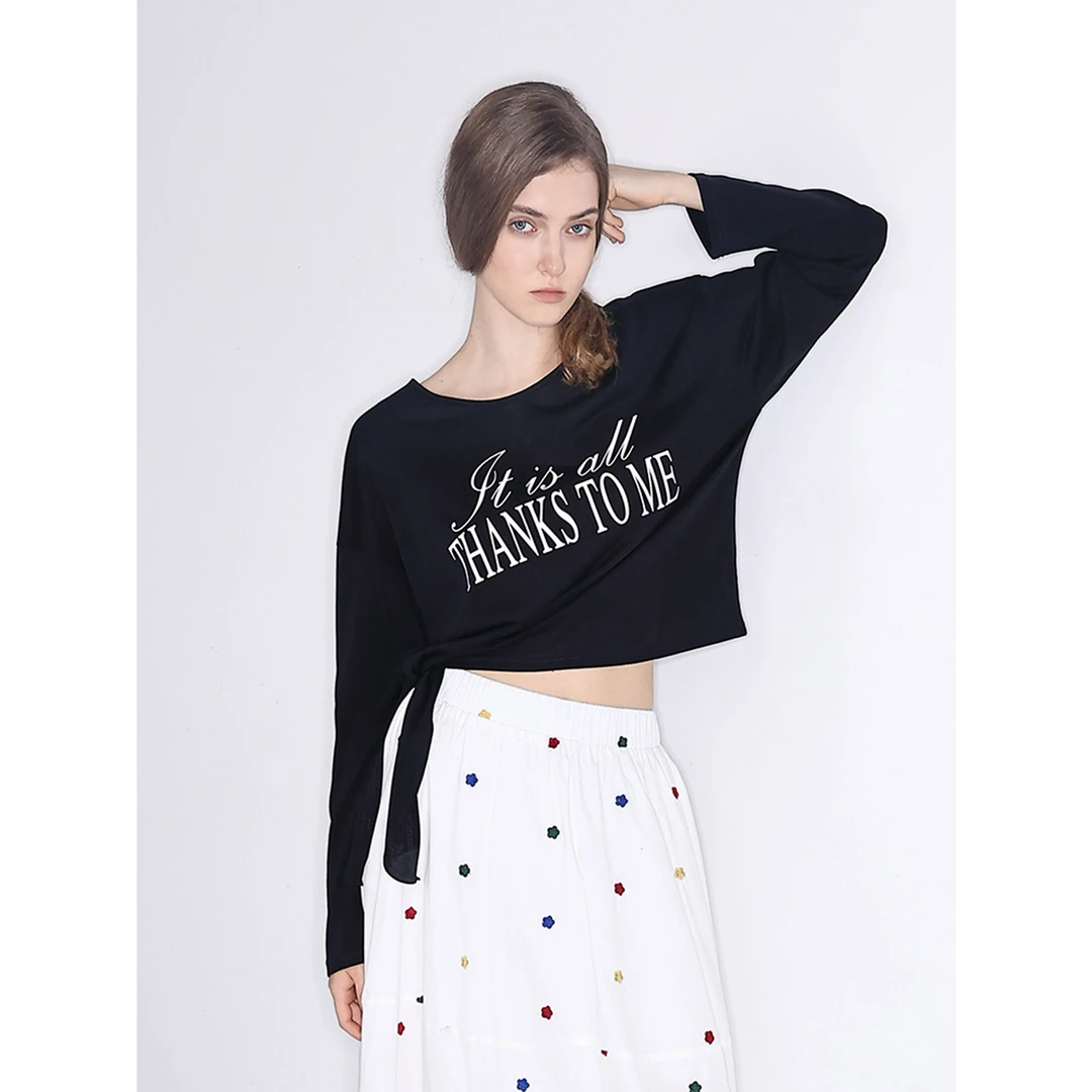 JDE 简约原创设计感小众绑带T恤女字母印花长袖通勤休闲显瘦上衣