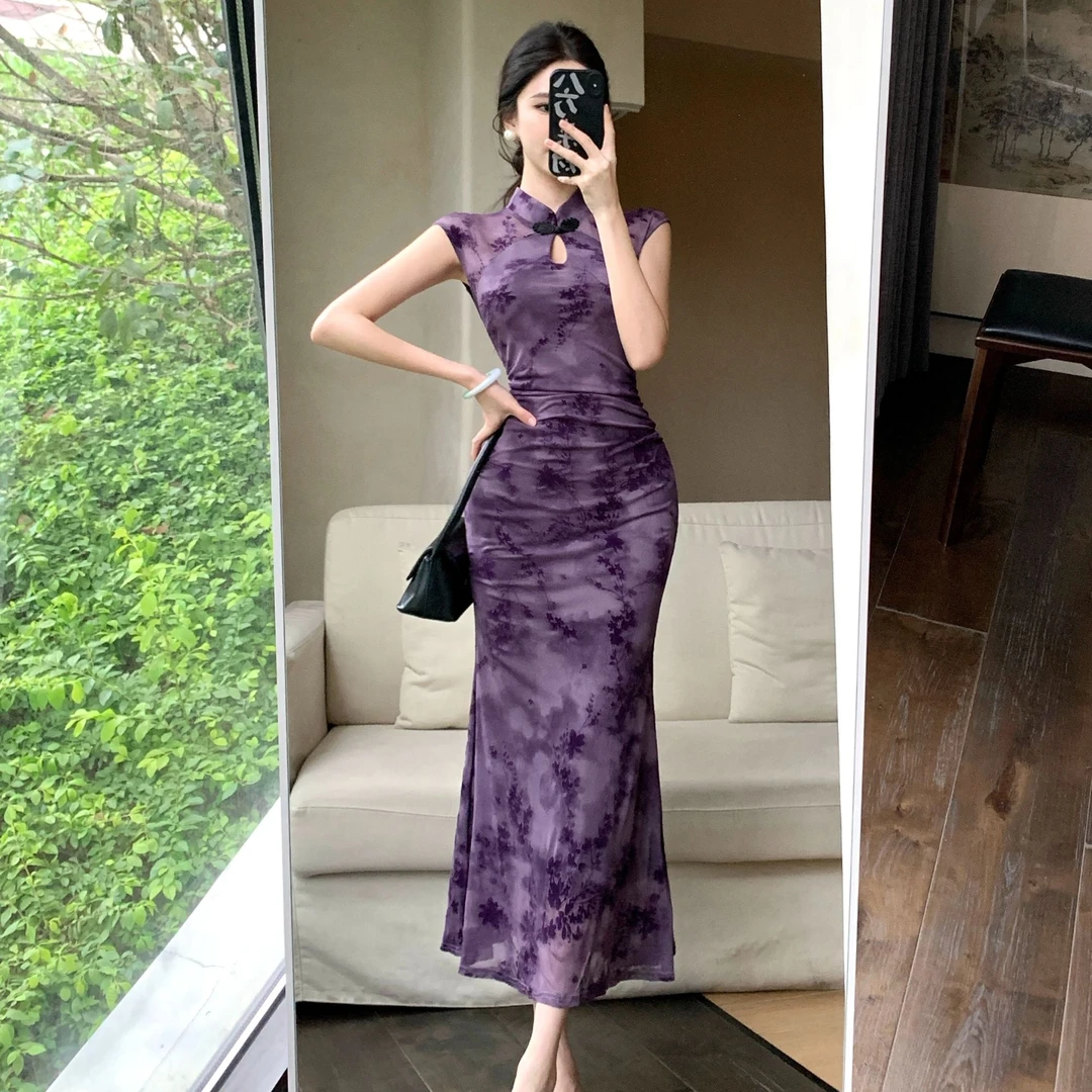 国风新中式复古紫色晕染碎花连衣裙御姐漂亮独特收腰包臀改良旗袍