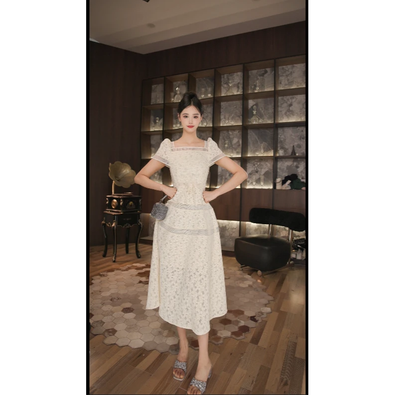 尤米定制时尚优雅收腰修身名媛宴会显瘦轻奢方领设计感连衣裙9047