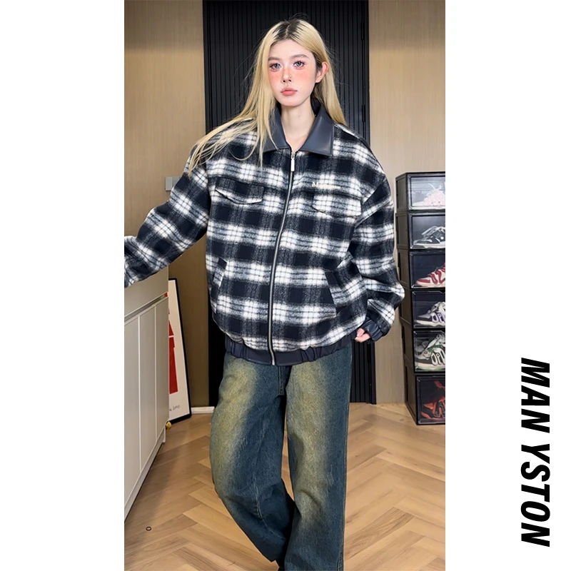 美式高街格子棉服外套休闲冬季保暖棉袄翻领飞行员夹克棉衣百搭