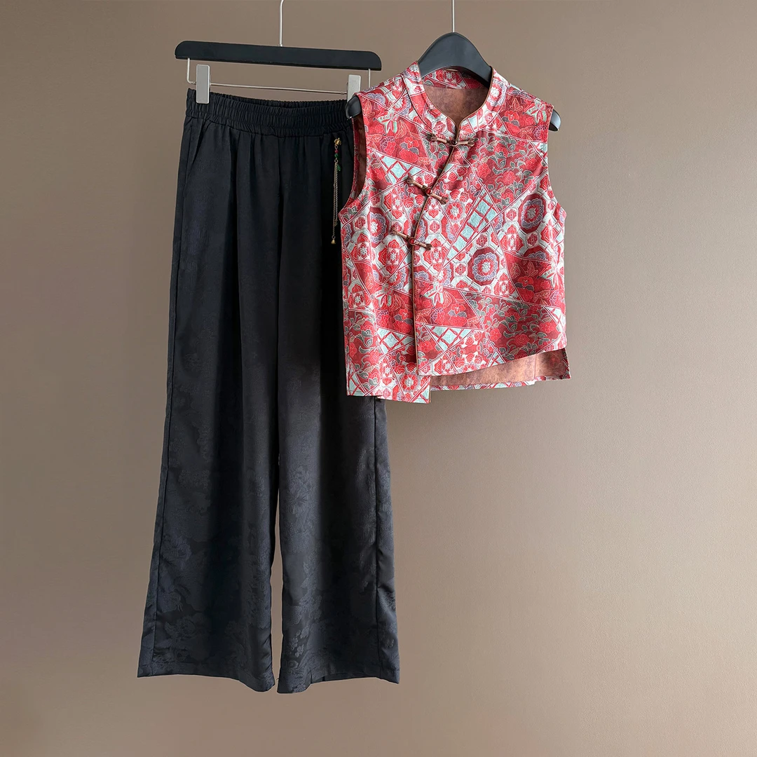 女夏季新款国风时尚套装老钱风立领斜襟提花无袖上衣阔腿裤两件套