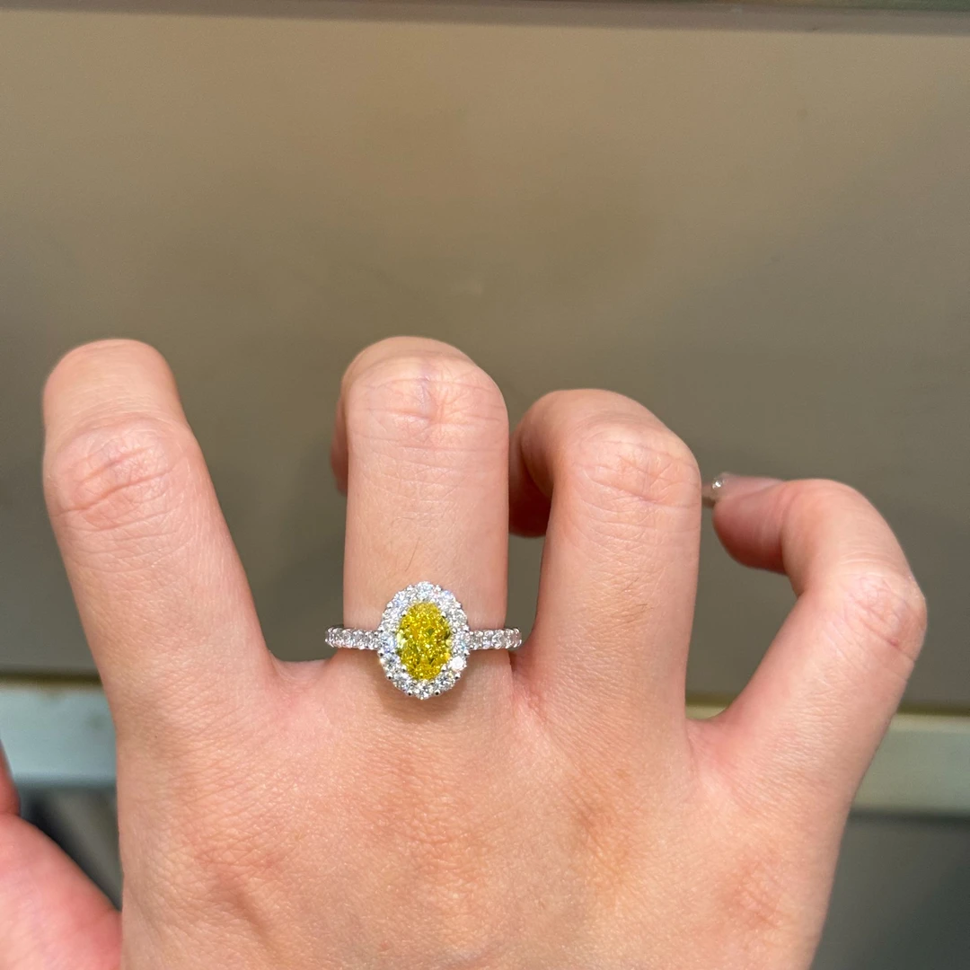 实验室培育钻石PT950铂金黄钻椭圆围镶轻奢高级大气款钻戒