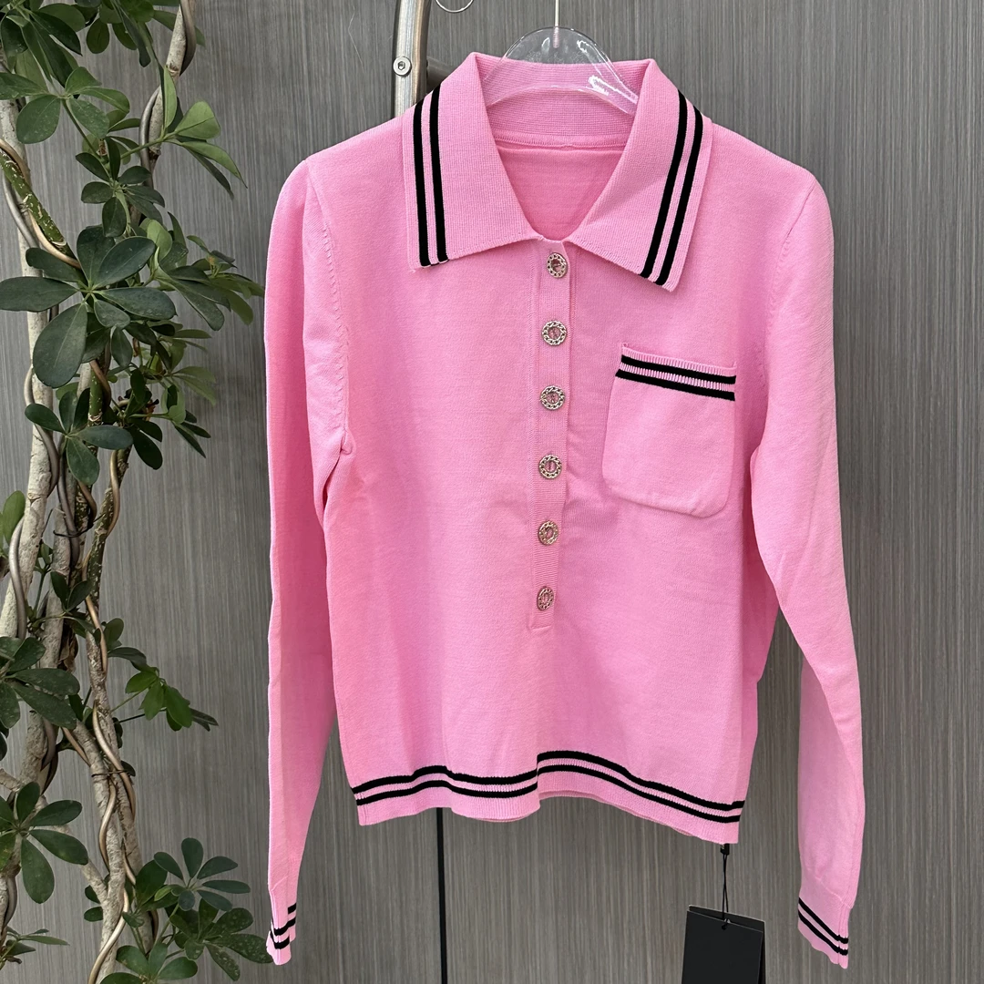 《妞妞》新款气质时髦撞色Polo领毛衣上衣针织衫0223058-玫红色