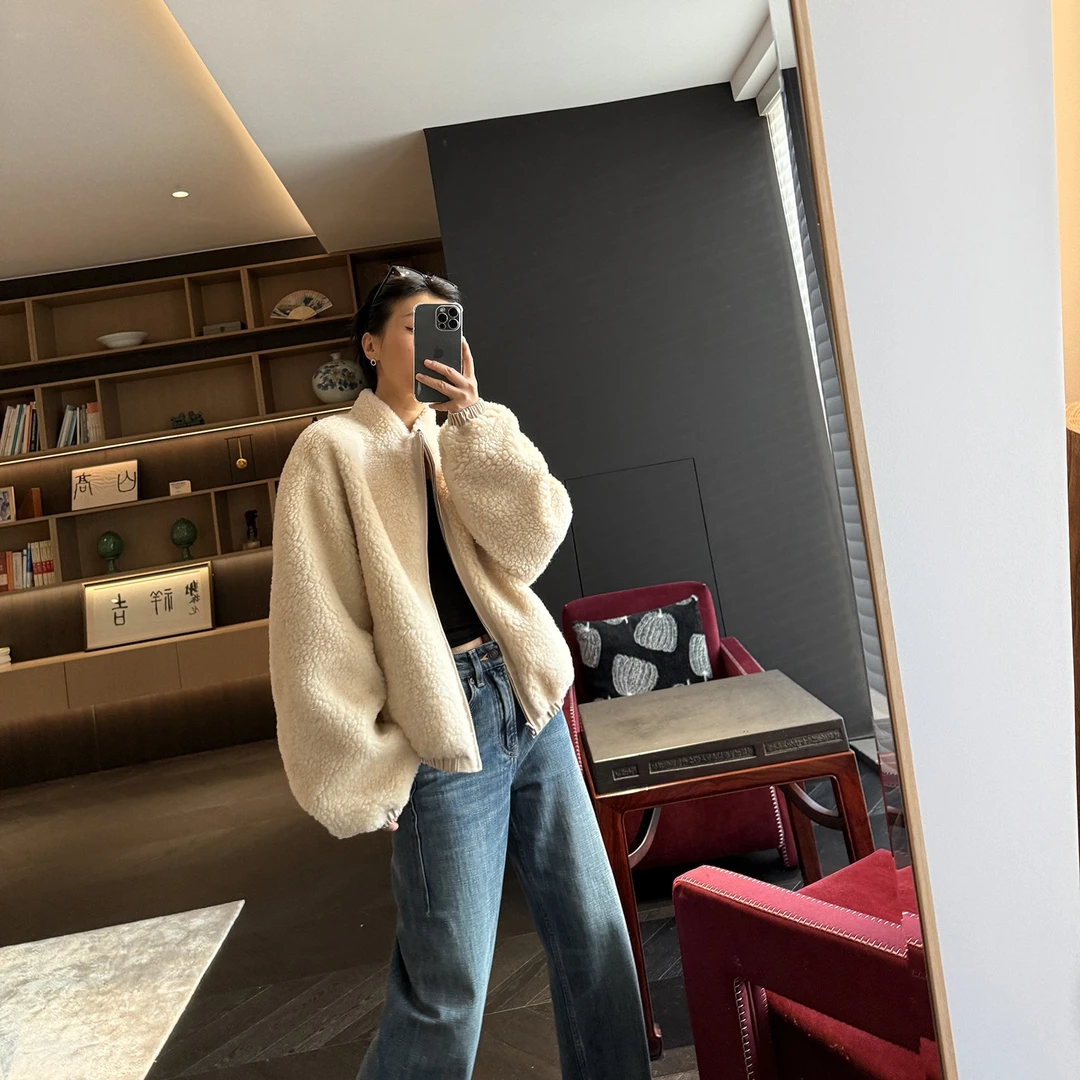 蓝豚豚 ins博主风减龄活力两面穿100%羊毛夹克衫短款立领羊毛外套