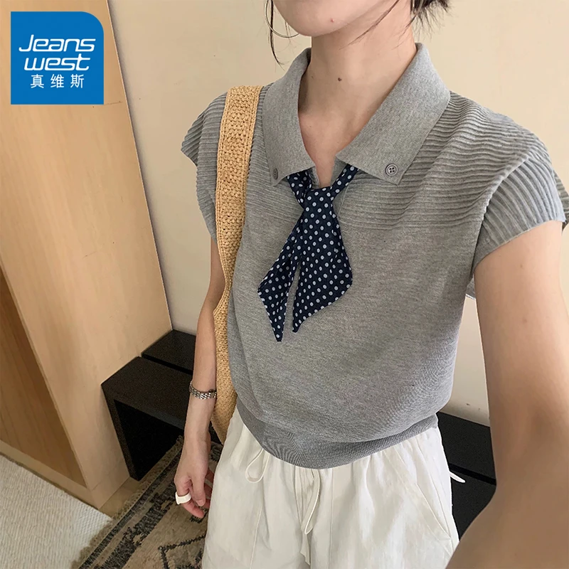 真维斯POLO领波点冬季无袖拼接针织衫宽松设计感外搭正肩显瘦上衣