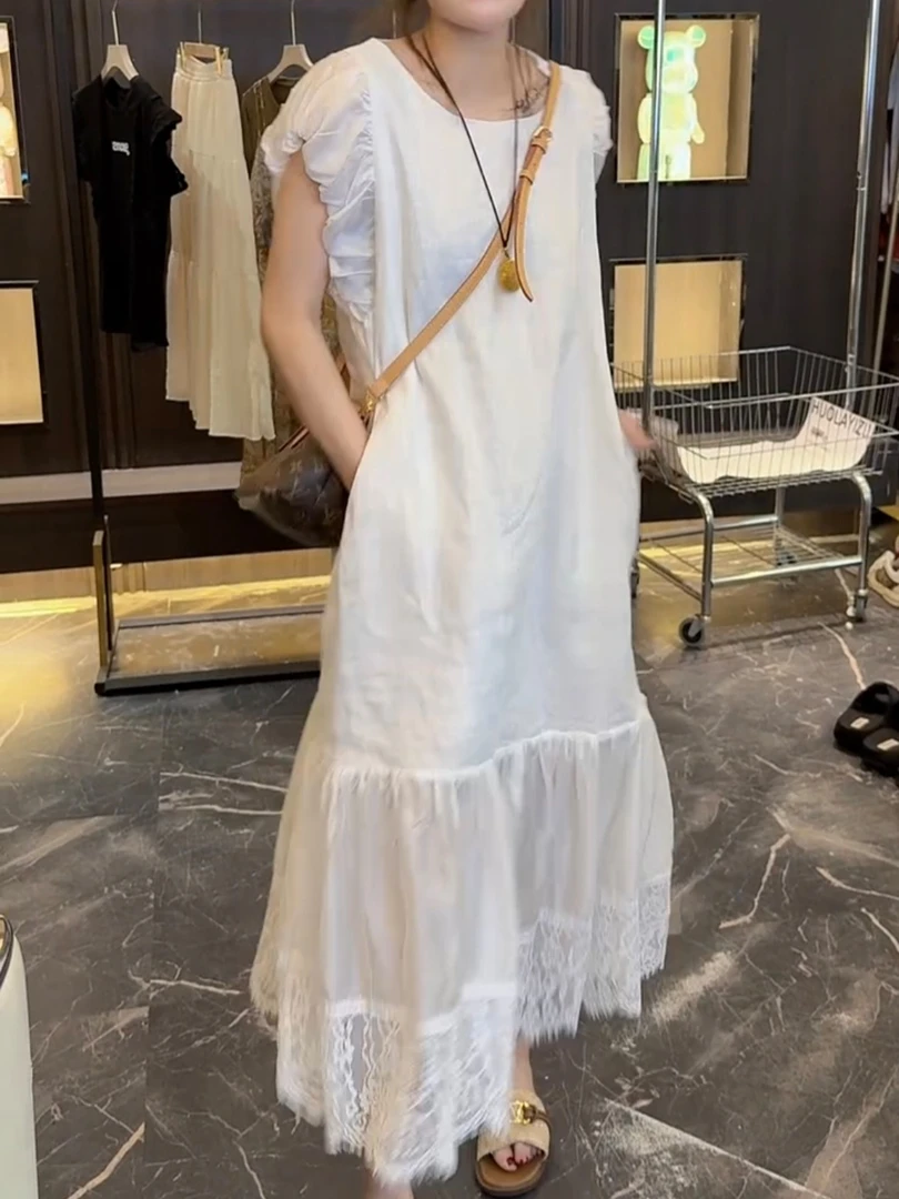 夏季新款重工刺绣镂空蕾丝洋气减龄亚麻连衣裙气质时尚拼接鱼尾裙