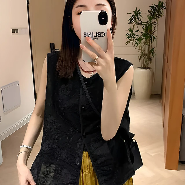 新中式刺绣黑色马甲衬衫2024新款女夏季独特漂亮小衫气质无袖上衣